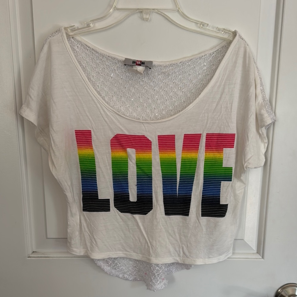 White Crop Graphic T-Shirt Rainbow LOVE Sz medium glittery mesh back